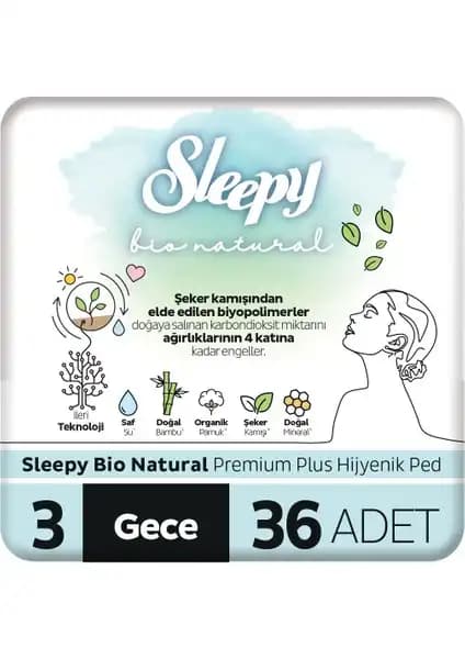Sleepy Bio Natural Premium Plus Gece Hijyenik Pedi Güvenli ve Yüksek Emicilik Sağlar