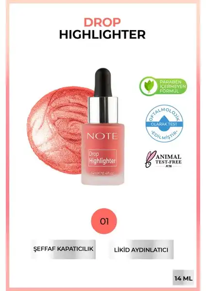 Note Drop Highlighter 01 Pearl Rose: Tüm Cilt Tipleri İçin Işıltı Sağlayan Likit Aydınlatıcı
