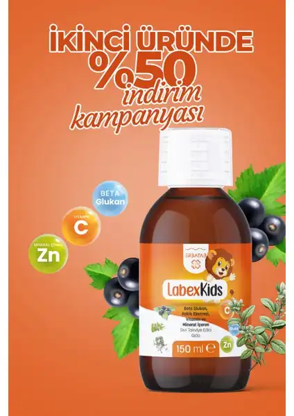 Erbatab Labex Kids Çinko Kekik Beta Glukan Karamürver 150 ML Multivitamin Şurup